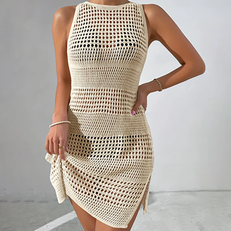 Women Hollow Out Knitted Dress Sleeveless Cover Up Hollow Cut Slit Hem Dress Solid Color Women Beach For Summer Women Clothing