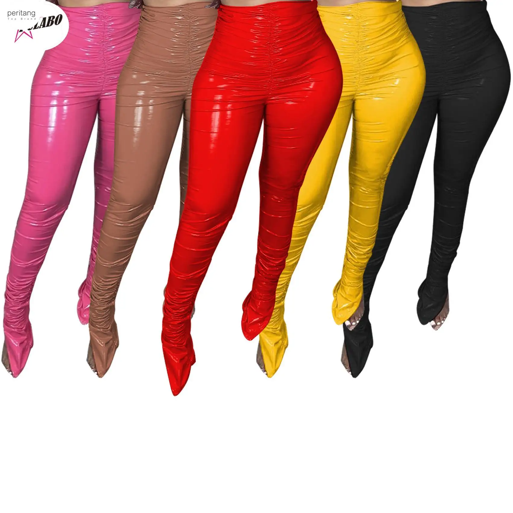 

Thick Fleece Warm PU Leather Pants Pleated Ruched Pleated Stacked Pants Flare Split Club Trousers Legging Partywear New