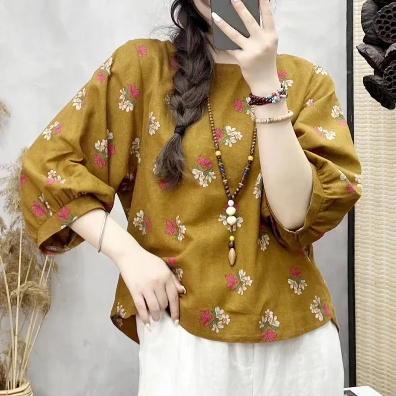 2024 Spring/Summer New Cotton and Hemp Top Women\'s Ethnic Style Women\'s Eighteen Split Sleeve Top Mom\'s Fashionable Temperament