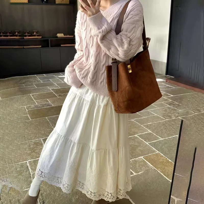 Gentle White French Embroidery Jacquard High Waist Skirt 2025 Spring New Loose Temperament All-Matching Skirt Women's