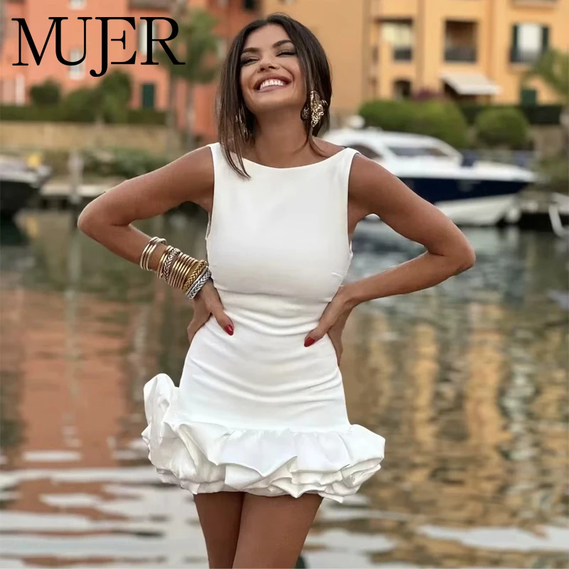MUJER White Ruffle Mini Dress Women Sexy Backless Female Dress Jumpsuit  Sleeveless Dress Woman Summer Party Dresses for Women - AliExpress 200000345