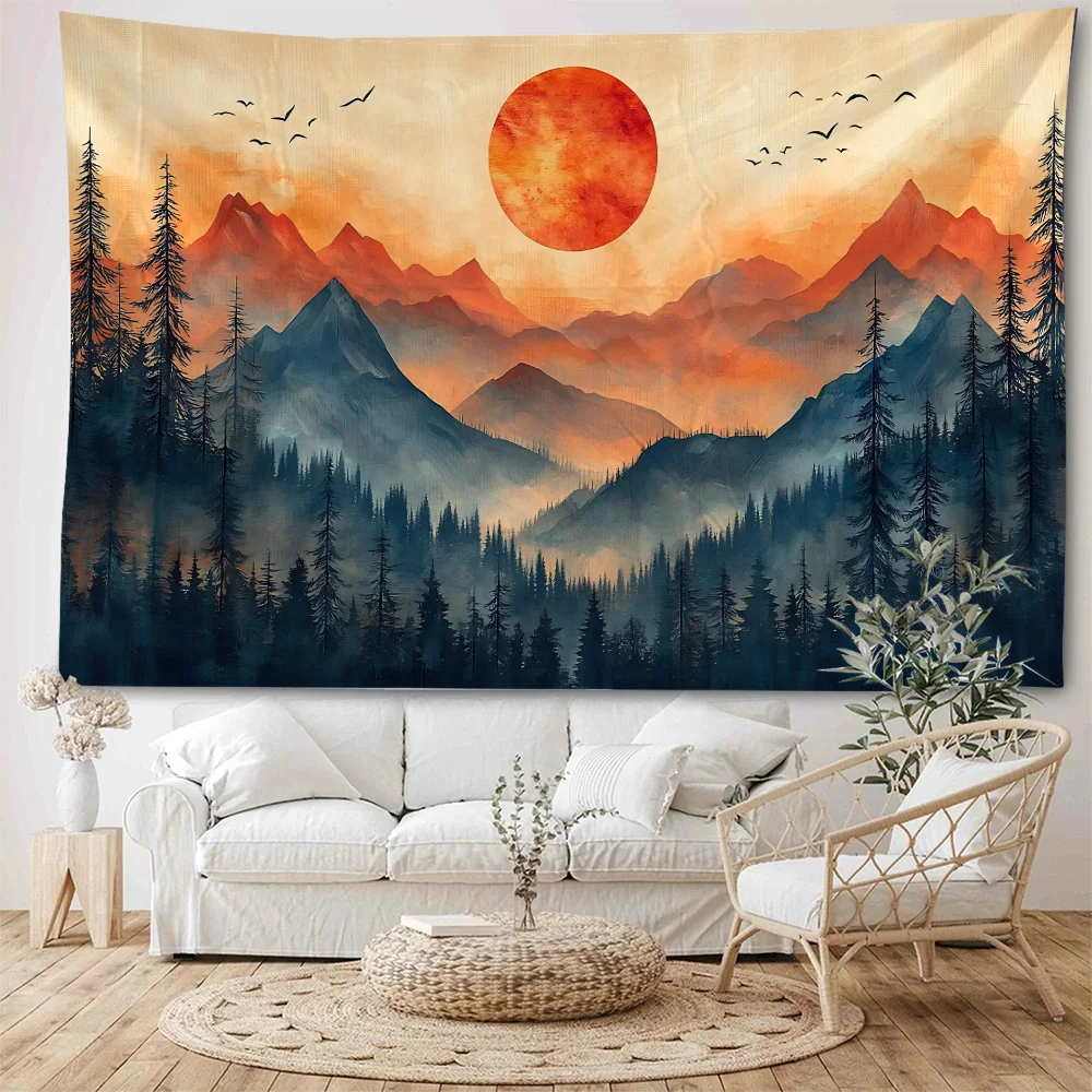 Beautiful mountain scenery, oil painting background decoration tapestry, sunset mountain scenery painting decoration tapestry