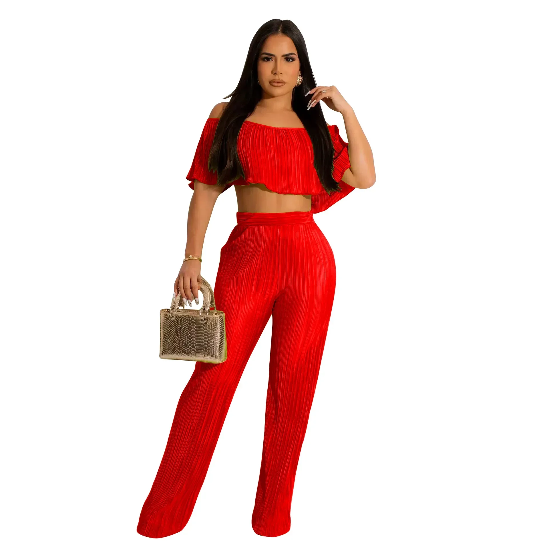 Prowow Fashion Two Piece Folds Women Suits Shoudlerless Cropped Tops High Waist Pant Summer Solid Color Slim Fit Clothing Set