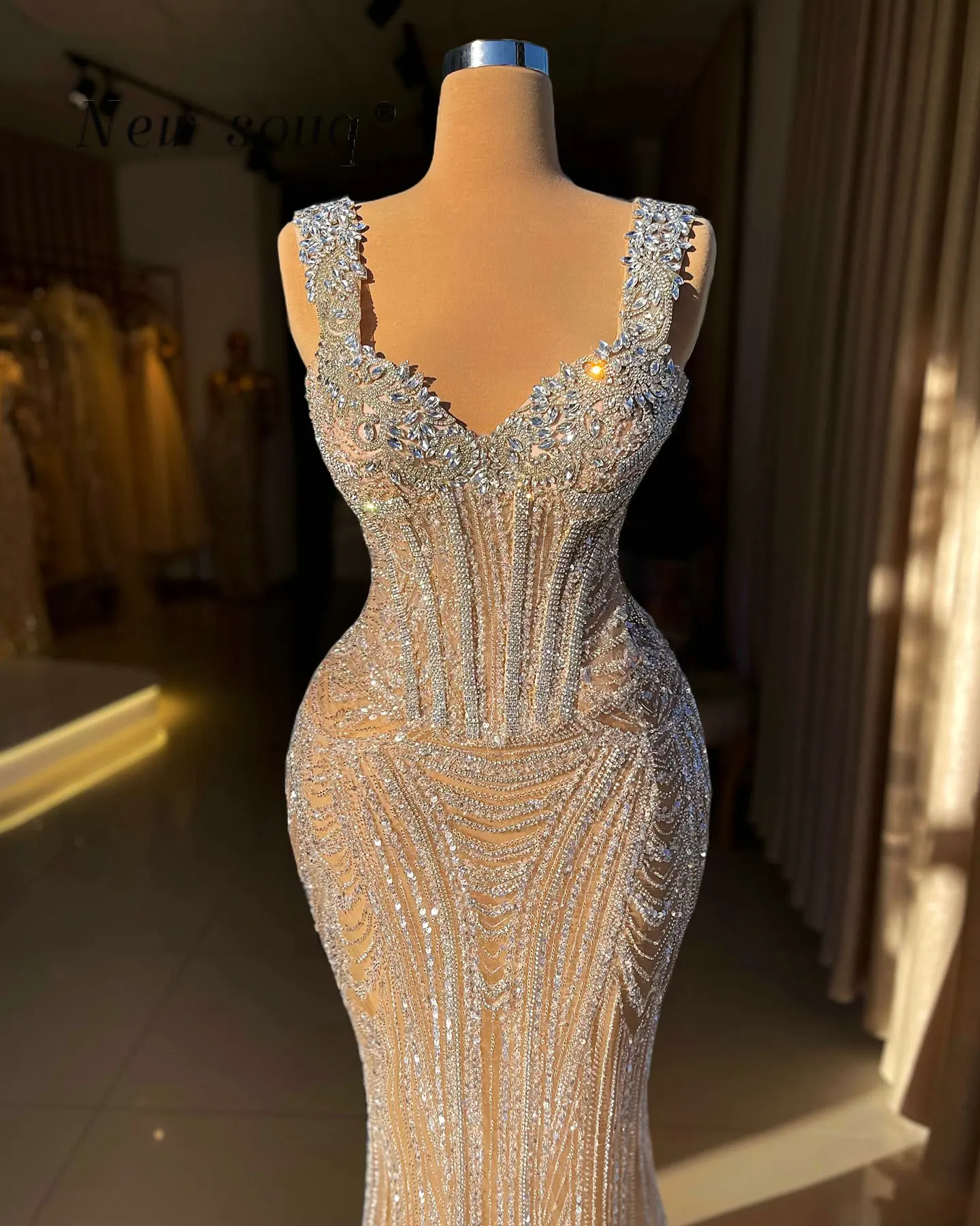 Arabic Shimmering Champagne Long Mermaid Dresses with Crystals Beaded Sequined Lace Wedding Reception Party Gowns