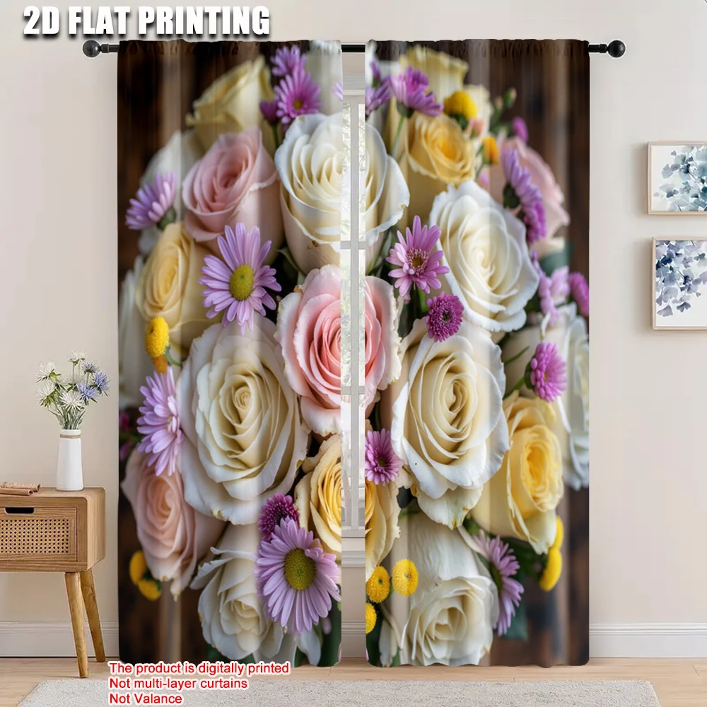 

2pcs, 2D flat printing Party Curtain pink rose Durable Polyester,Without Electricity Party Decorations for All Occasions