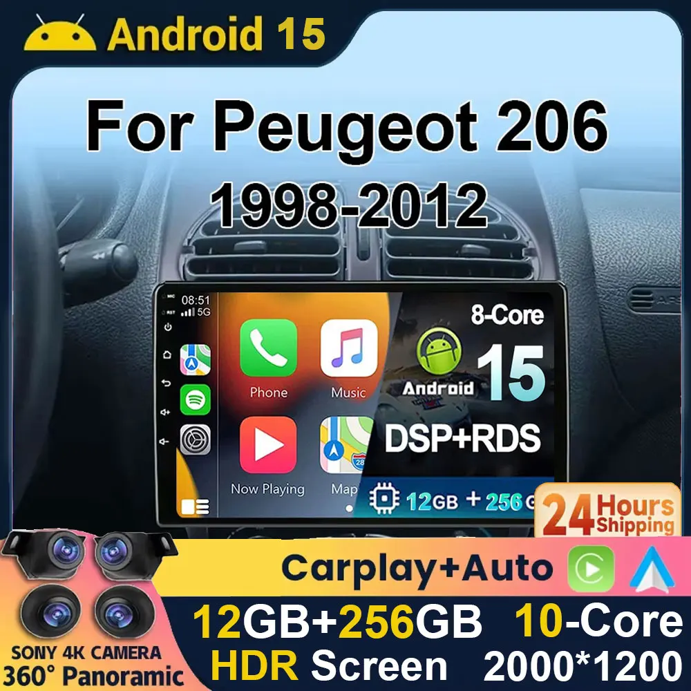 

Android 15 2K QLED Carplay Auto для Peugeot 206 206CC SW 1998-2012 Мультимедийный автомобильный радиоприемник-навигатор WIFI 4G BT DVD DSP