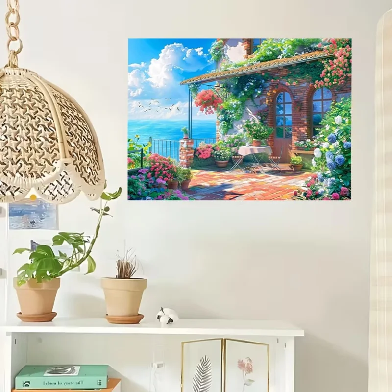 1000 قطعة من أحجية الصور المقطوعة لشرفة البحر الأبيض المتوسط - أحجية ورقية مطبوعة عالية الوضوح مع تصميم زهور نابضة بالحياة والمعمارية،