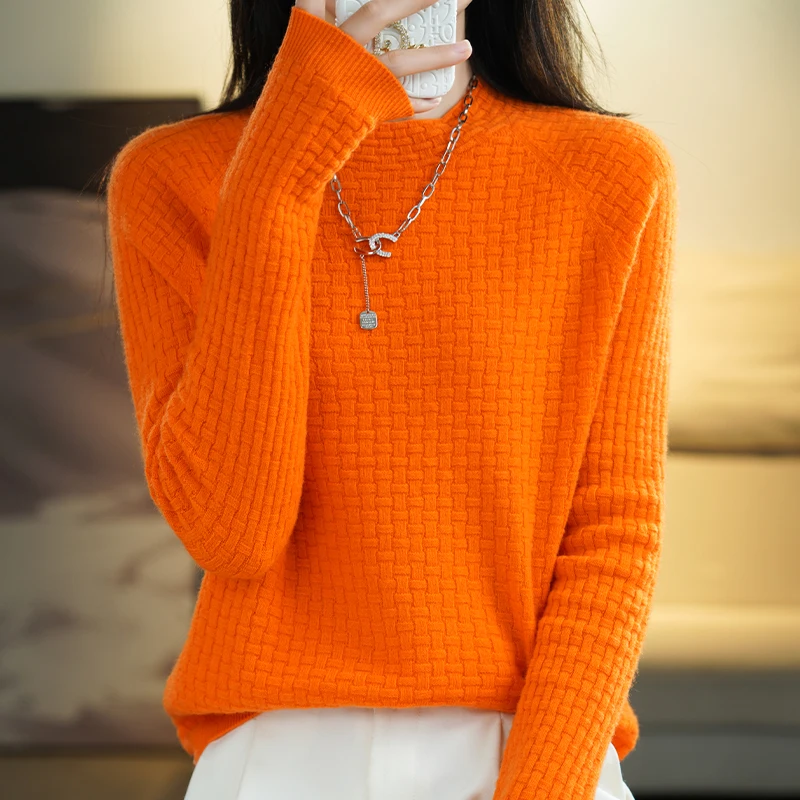 Women's Autumn/Winter 100% Merino Wool One-Line Ready-To-Wear Checkered Half Turtleneck Seamless Knit Sweater Soft And Warm