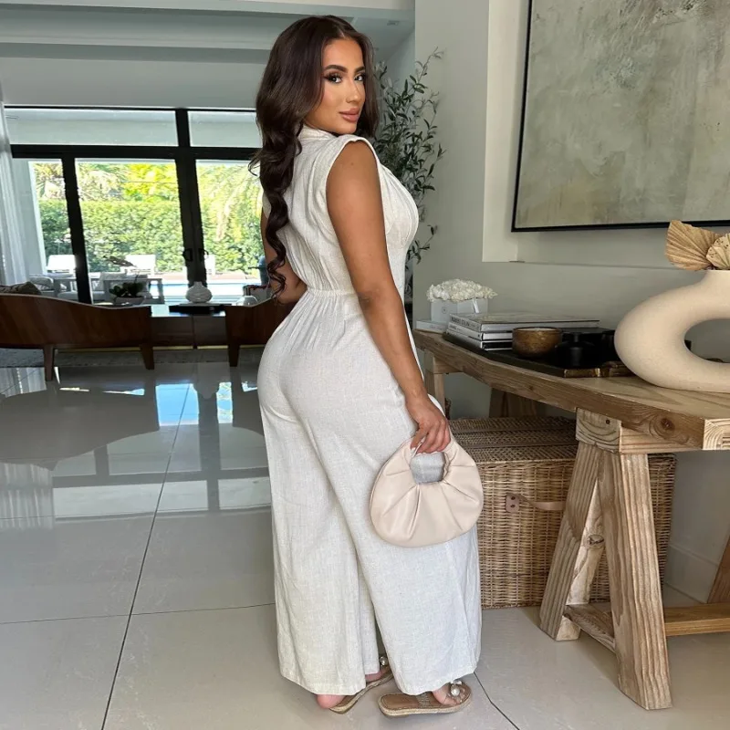KEXU-monos sin mangas con cuello en V y pierna ancha para mujer, trajes de trabajo OL para fiesta en la playa, traje de una pieza, verano 2025