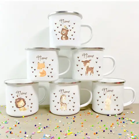Personalised Kids Enamel Mug Water Cup Drink Dessert Breakfast Milk Cups Kid Mugs Handle Mug Drinkware Birthday Gifts