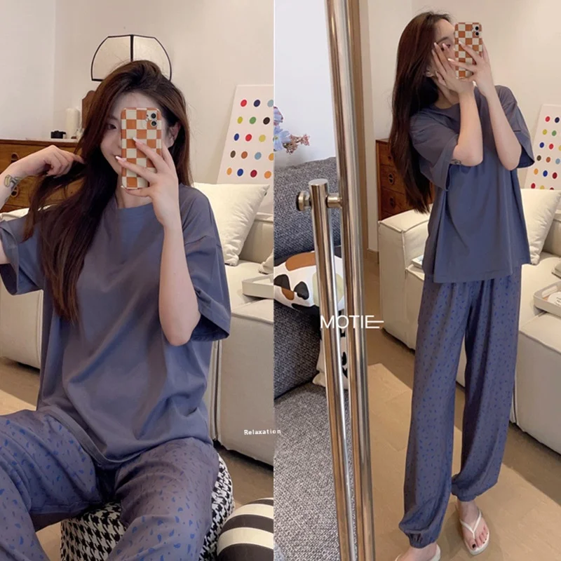 Ladies New Casual Pajamas Loungewear Set Student Pajamas Loungewear Women\'s Summer Short Sleeve Long Pants Sweet Loungewear Set