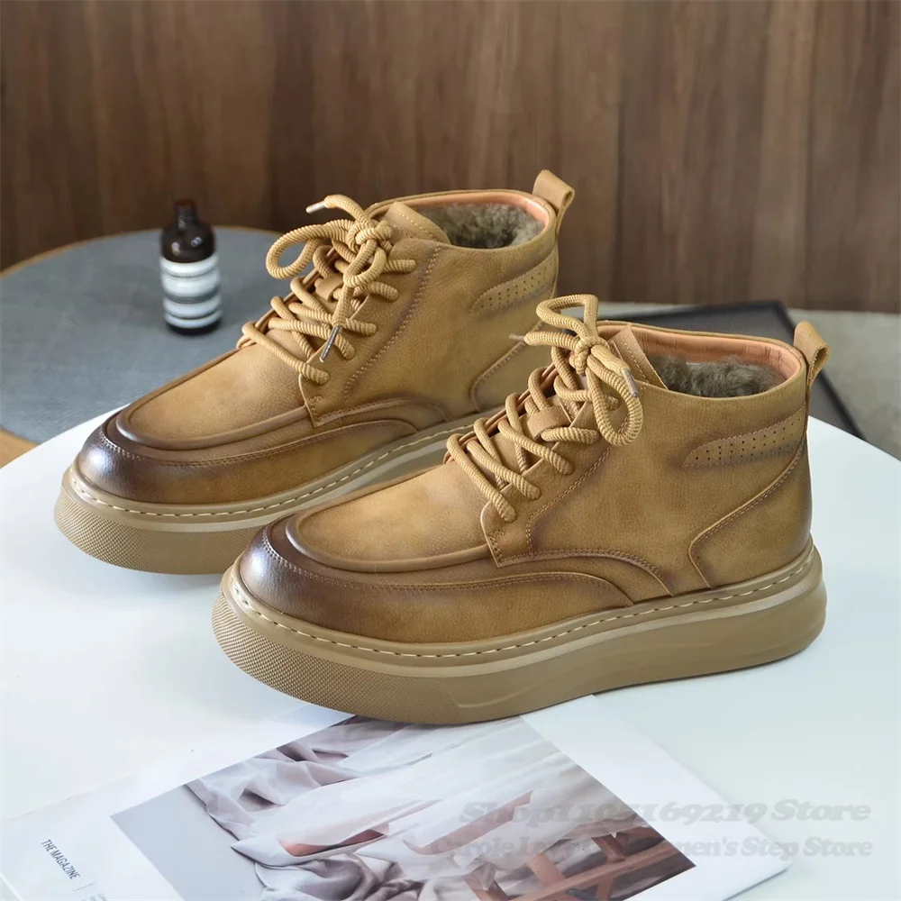 

Мужские кожаные зимние ботинки на шнуровке 2026: Новинка, интегрированные из овчины и шерсти, высокие, в ретро-британском стиле, на толстой подошве, утепленные хлопком