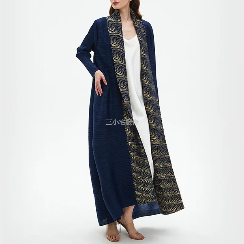 YUDX Pleated Muslim Cardigan Long Sleeve Design Stamped Robe Printed Color Clash Trench Coat 2024 Summer New