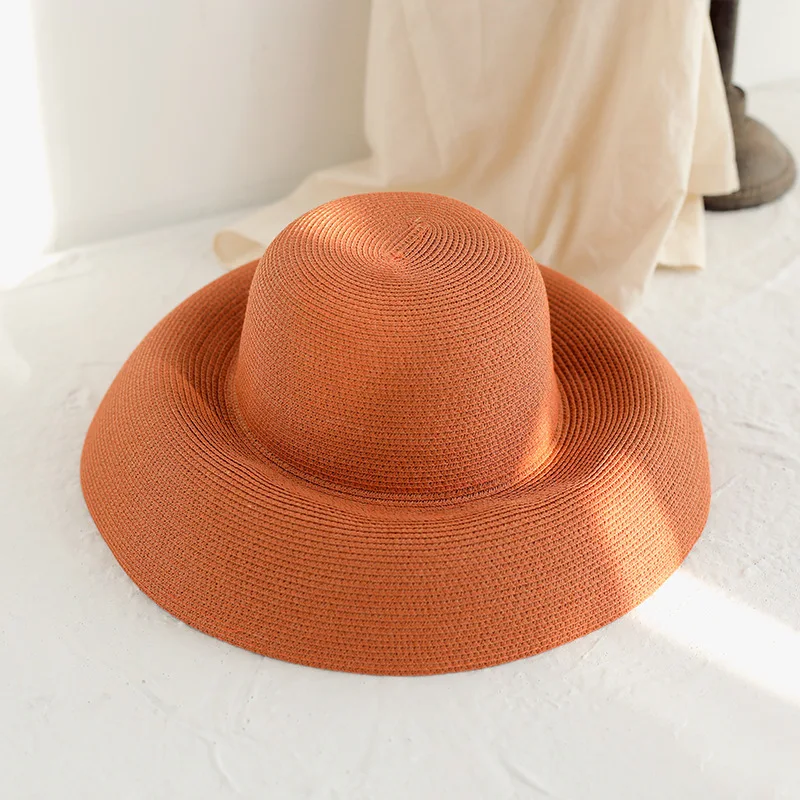 Summer Hepburn Style Vintage Design Big Eaves Straw Hat Women Girls Solid Color Beach Holiday Big Sun Gorra