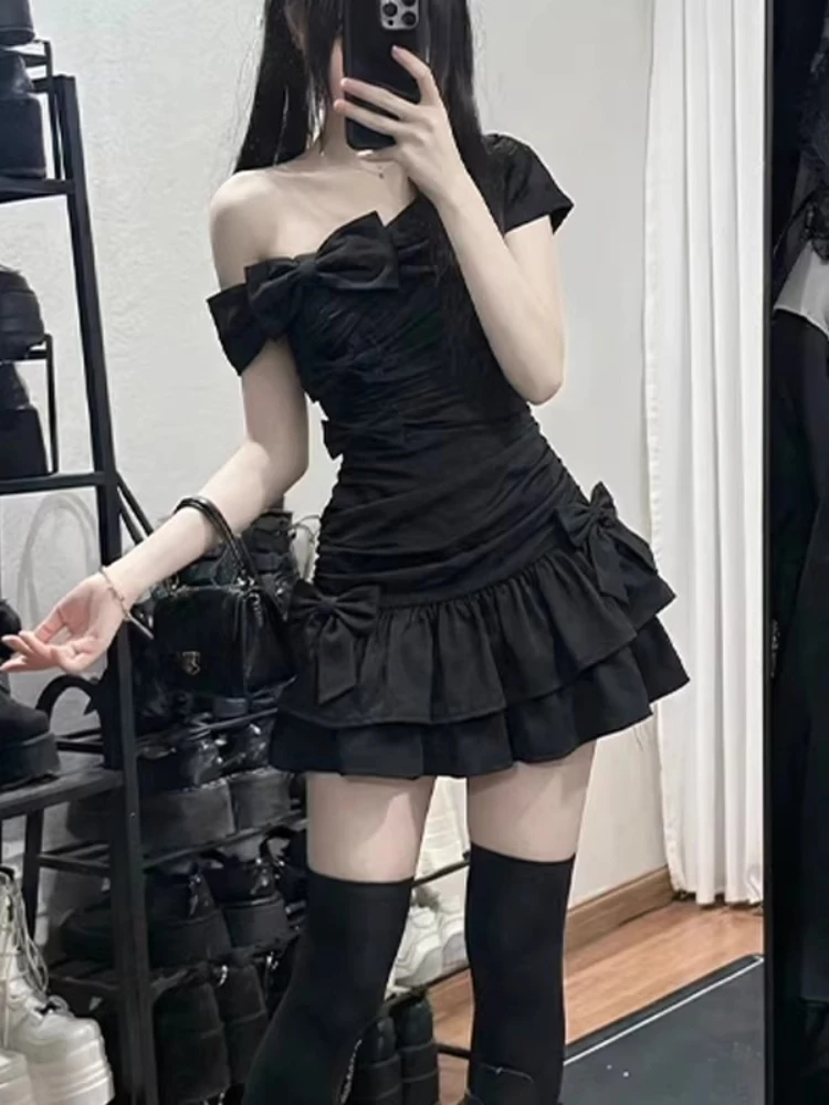 Damen-Minikleid im Vintage-Gothic-Stil, schulterfrei, mit Schleifendesign, gerüscht, schmale Passform, A-Linien-Kleid, elegantes, sexy, figurbetontes Partykleid