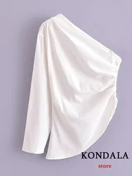 KONDALA Casual Women Blouse White Solid Zipper Asymmetrical Skew Collar One-Shoulder Blouse Fashion 2023 Summer Streetwear Tops