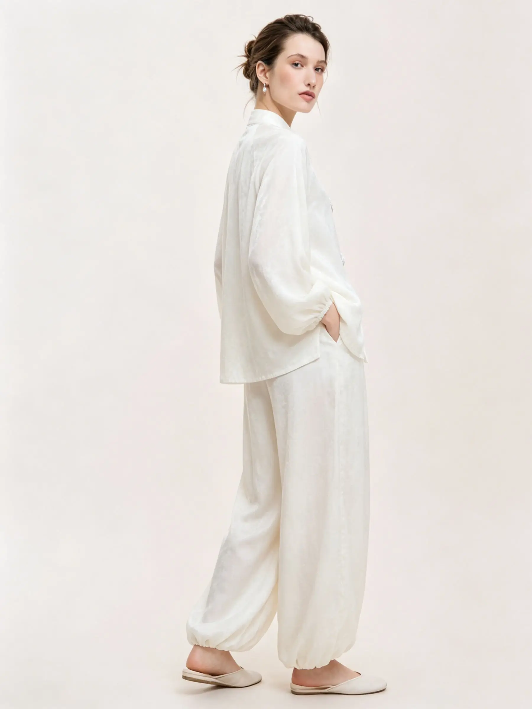 DFDG Women 2026 Spring Jacquard Satin Two Piece Set Frog Button Puff Sleeve Top High Waist Lantern Pants Set Chinese Style Set