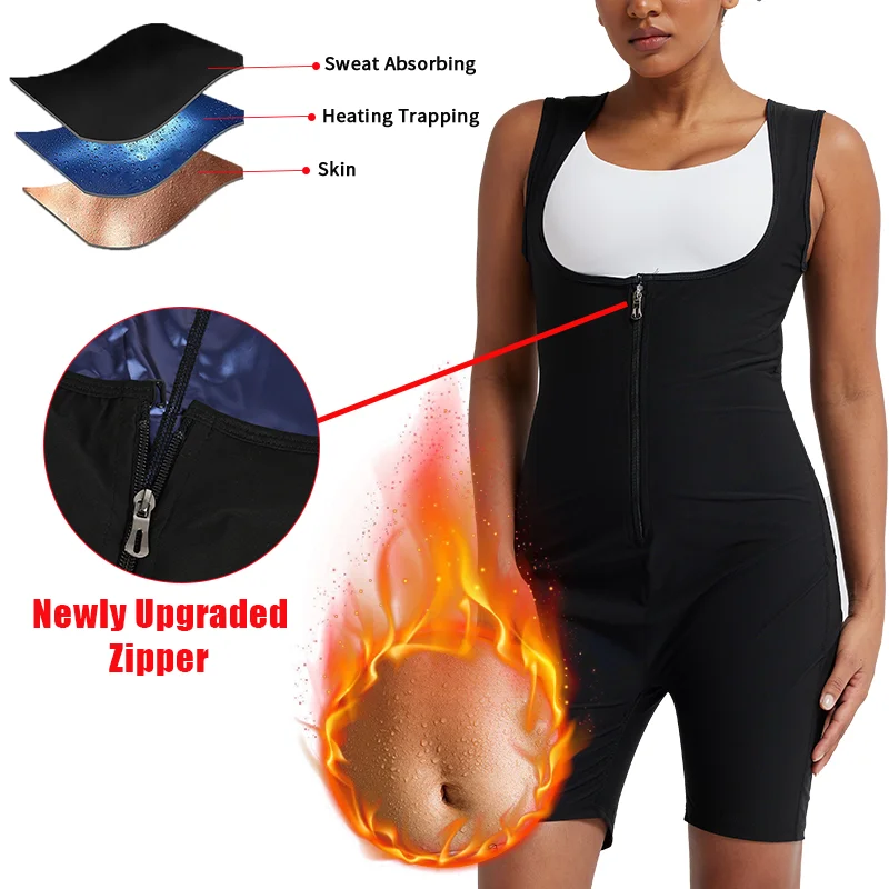 

Women Sauna Sweat Bodysuit Shapewear Waist Trainer Compression Slimming Tummy Body Shaper Shorts Underbust Zipper Jumpsuit