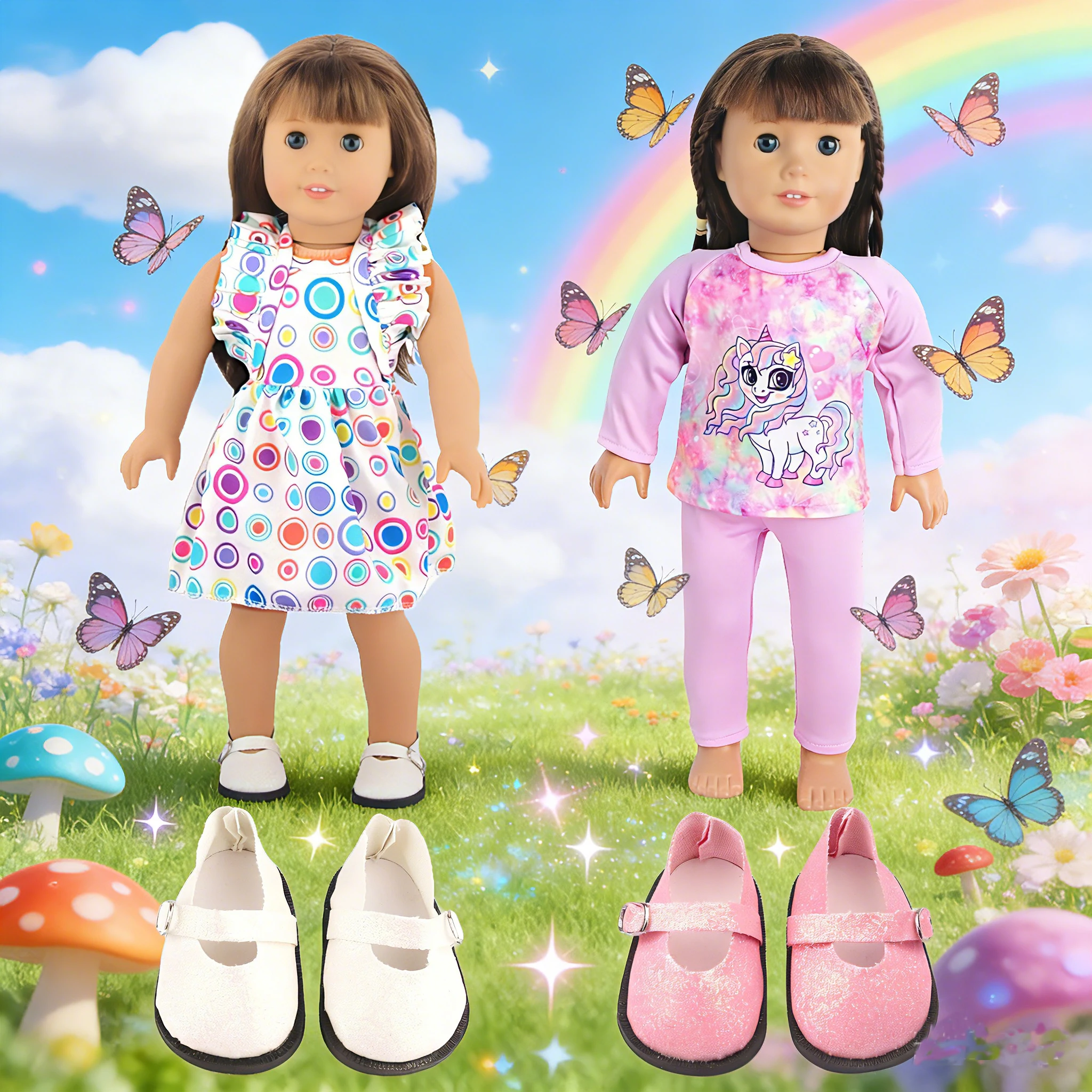 

Unicorn Doll Clothing Set Fits 18-inch American Dolls Pajamas + Dress + 2 pairs Of Shoes 43cm Newborn Girl Doll Accessories Toy