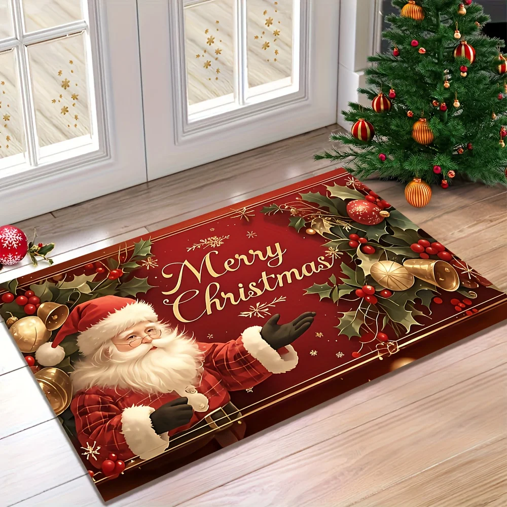 Alfombra de bienvenida de Papá Noel de 1 pieza: con texto "Feliz Navidad", antideslizante y lavable a máquina, 100% fibra de poliéster, adecuada para uso interior y exterior, decorada con bayas de acebo navideño y detalles dorados, tapete navideño, doble uso para interiores y exteriores, respaldo antideslizante