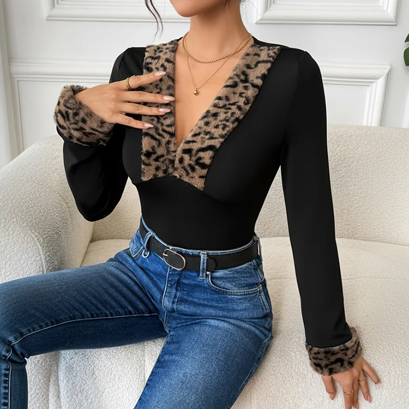 

2025 Autumn/winter New Retro Sexy Style V-neck Leopard Print Patchwork Long Sleeved Jumpsuit