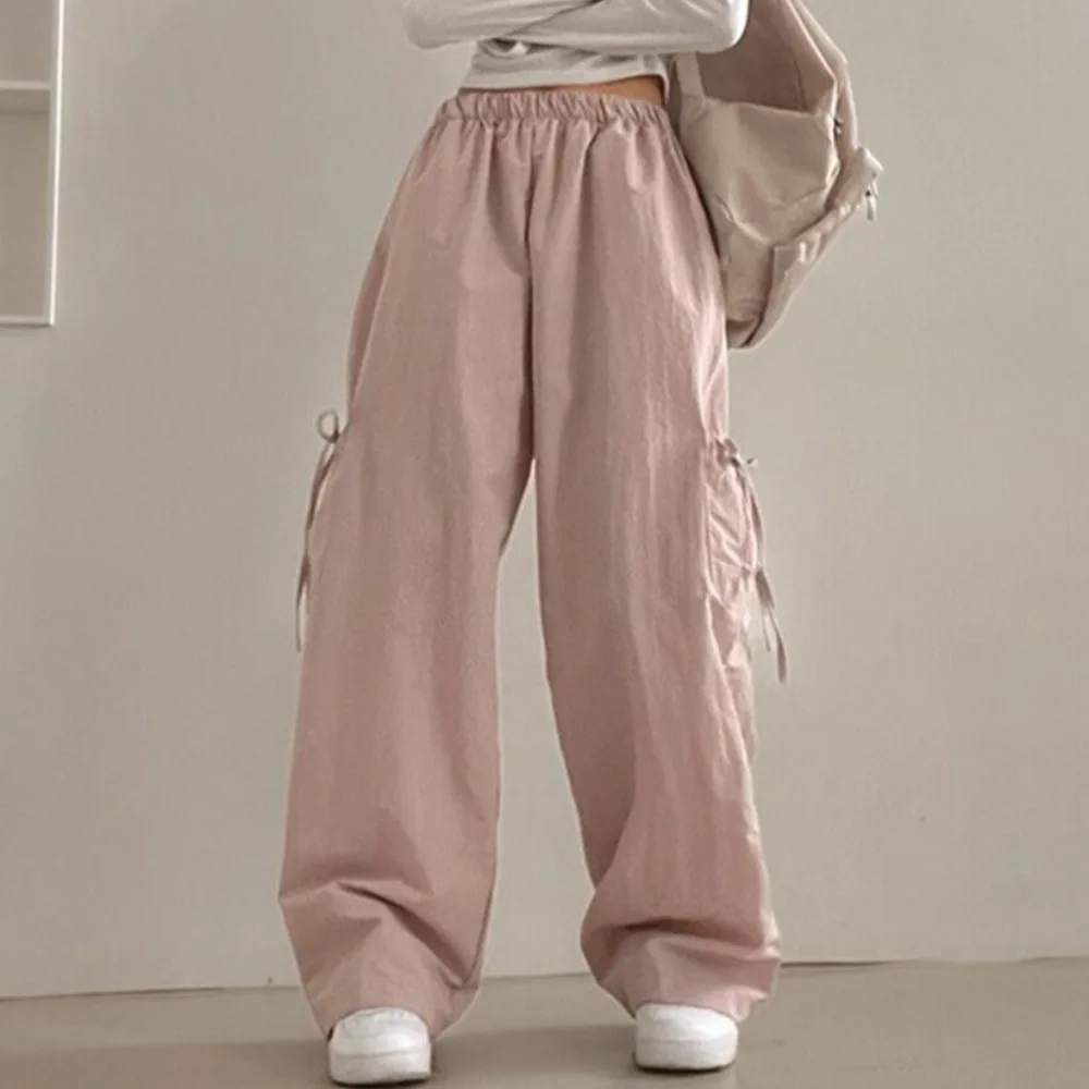 Chique outono vintage fino calças casuais femininas soltas calças de trabalho lado ket nó cintura alta perna reta