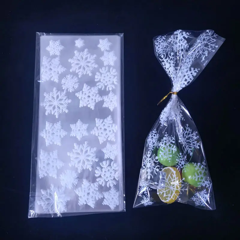 100pcs Snowflakes Pattern Cookie Candy Bags Open Top Packing Plastic Bags Christmas Party Favor Bag Xmas Noel Navidad Supplie