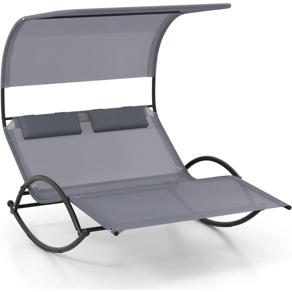 

Outdoor Chaise Lounge Rocker, 2-Person Rocking Daybed Sun Lounger with Sun Shade Canopy & Headrest Pillows, Hammock Bed Loveseat