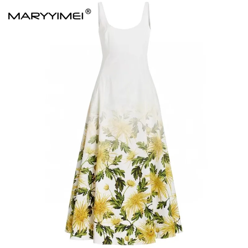 

MARYYIMEI New style Beach Vacation Women's Dress Square-Neck Spaghetti Strap Backless High waist Elegant Print Cotton Dresses