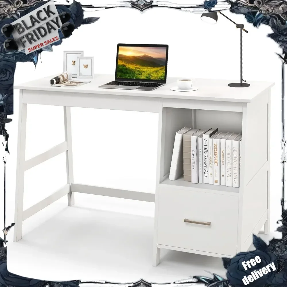 Bureau blanc avec égouts de proximité, petits bureaux d'ordinateur, bureau d'étude et d'écriture, bureau à domicile moderne, bureau d'étudiant