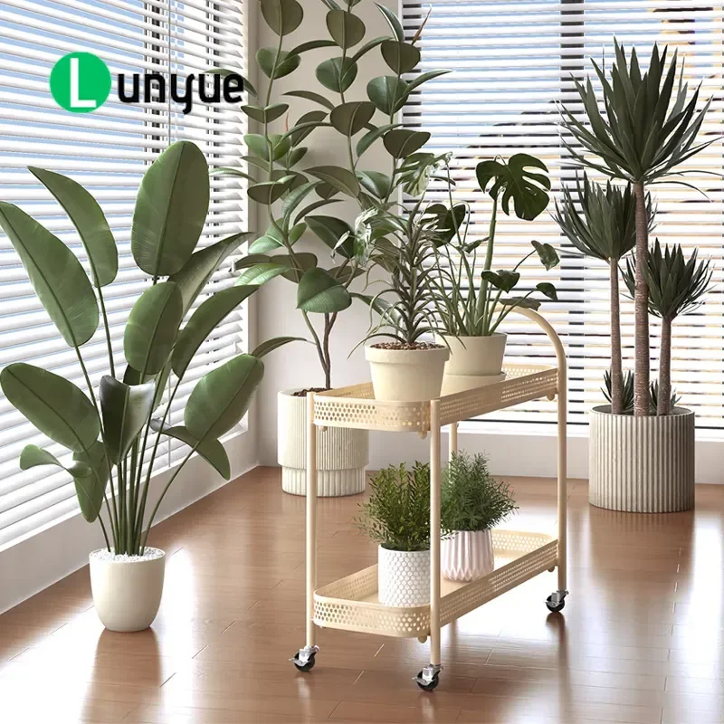 Cream Style Wrought Iron Flower Stand Shelf with Pulley Movable Trolley Multi Layer Plant Rack for Balcony Home Garden 2025