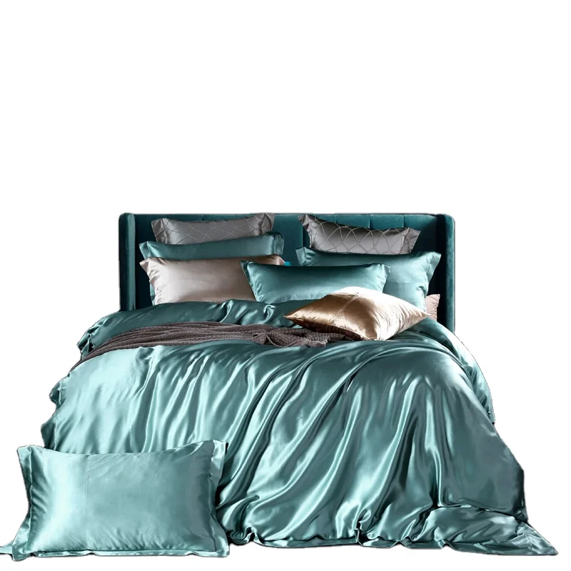 

luxury 100% mulberry silk 4 pcs green solid color silk bedding set duvet cover set with zipper