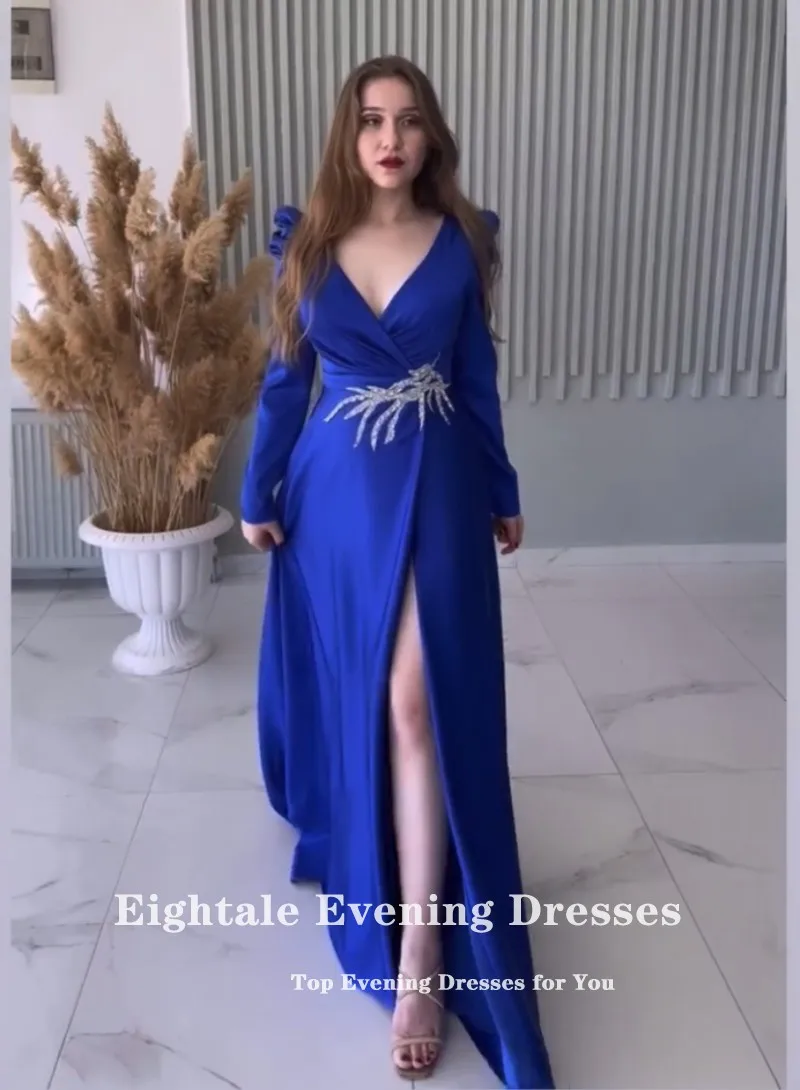 Eightale Arabic Evening Dress Satin Long Sleeves V-Neck A-Line Royal Blue Prom Gown Wedding Party Dress Vestidos De Noch