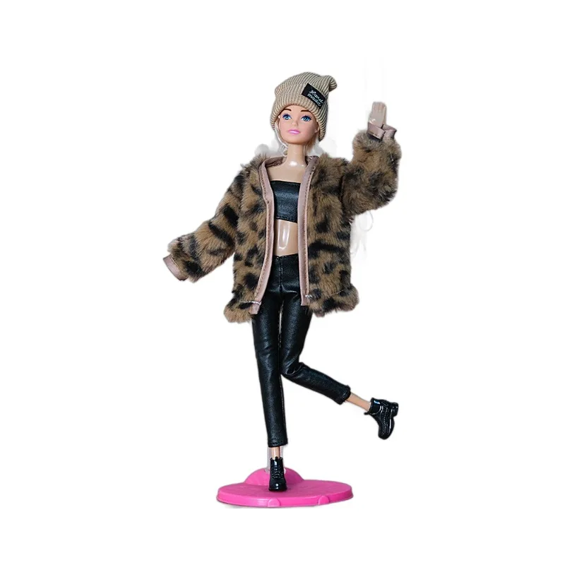 

Suitable for 30CM11 Inch 6 Points Winter Baby Clothes Fashionable Leopard Print Point Plush Vest Jacket Pants Set Boy Girl Gift