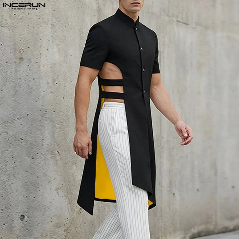 

INCERUN Men Shirt Patchwork Color-block Lapel Short Sleeve Men Clothing Streetwear 2026 Hollow Out Fashion Long Style Tops S-5XL