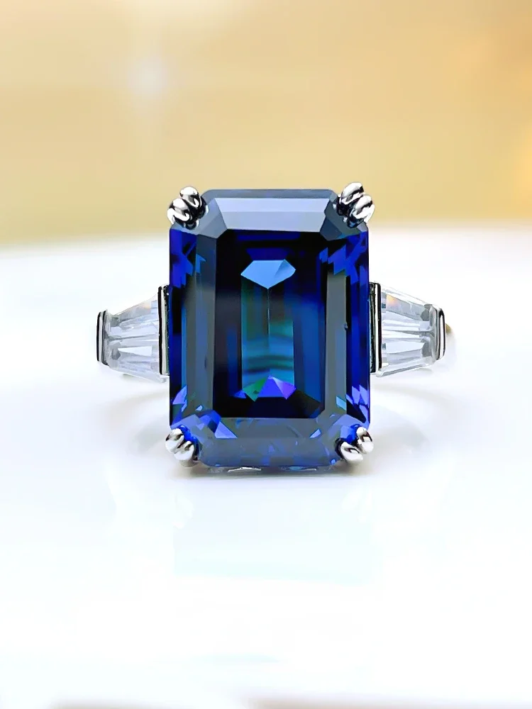 Karloch Fashion Luxury Retro Simple Emerald Cut Royal Blue 925 Sterling Silver Ring Inlaid with High Carbon Diamond Jewelry