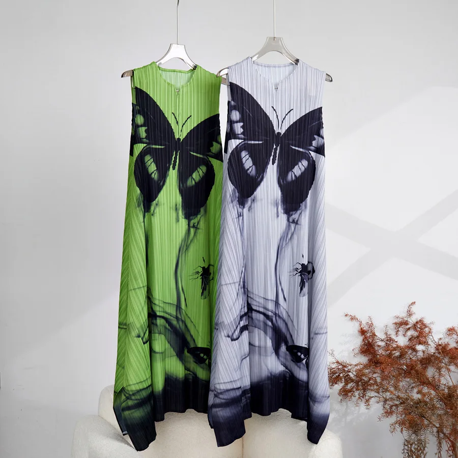 

Summer Dress For Women 45-75kg 2023 New Small V-Neck Sleeveless Loose Stretch Miyake Pleated Printed Dresses Midi