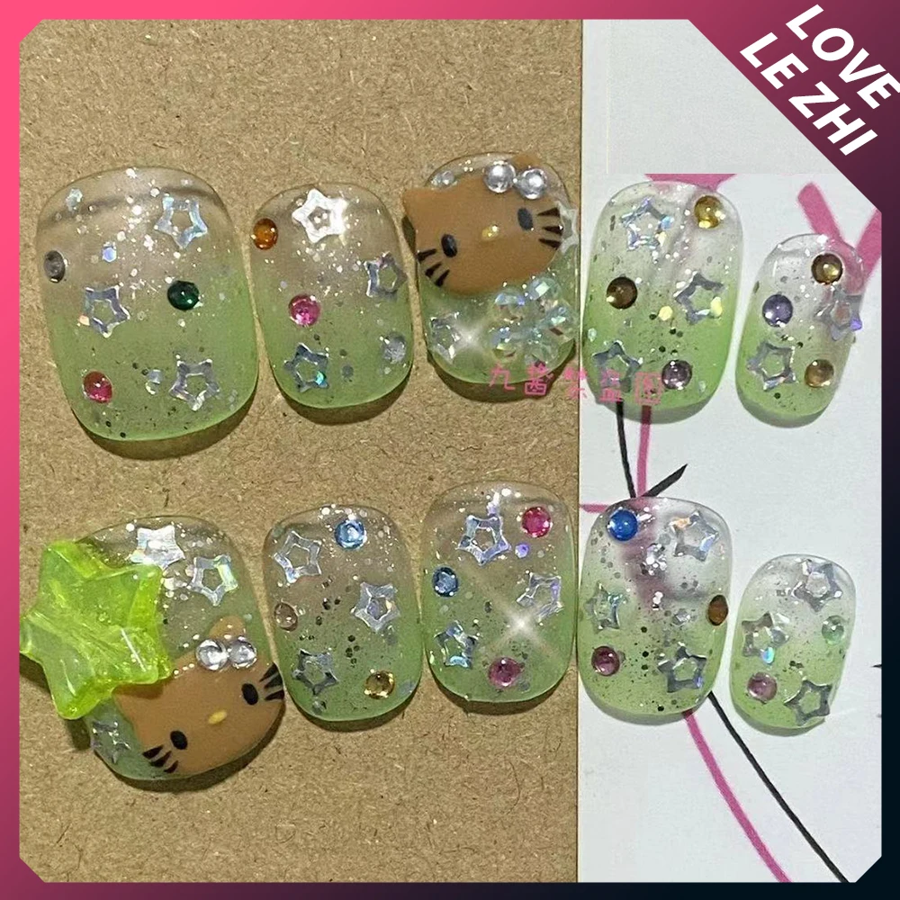 Sanrioed Bloemen Handgemaakte Pers Op Nagels Hello Kitty Zomer Gradatie Kort Ballet Volledige Cover Vijfpuntige Ster Nep Nagel