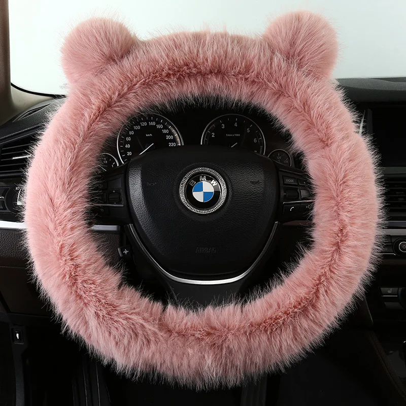 

Winter plush cartoon bear ear steering wheel cover plush women cute winter warm non-slip car handle cover