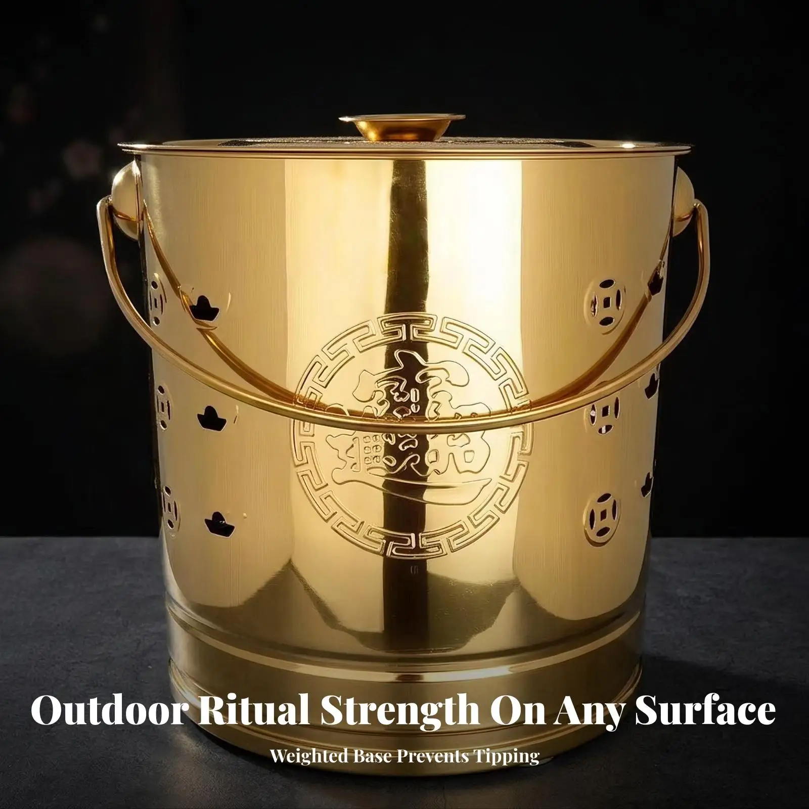 Polished Metal Incense Storage Bucket Cylindrical Stackable with Handle and Embossed Circle for Sacred Use