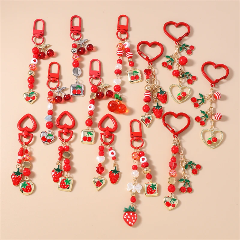 Modische handgefertigte Frucht-Schlüsselanhänger, rote Kirsche, Erdbeer-Anhänger, Schlüsselanhänger für Autoschlüssel, Damen- und Herrenhandtaschen, DIY-Geschenke – Detail 2