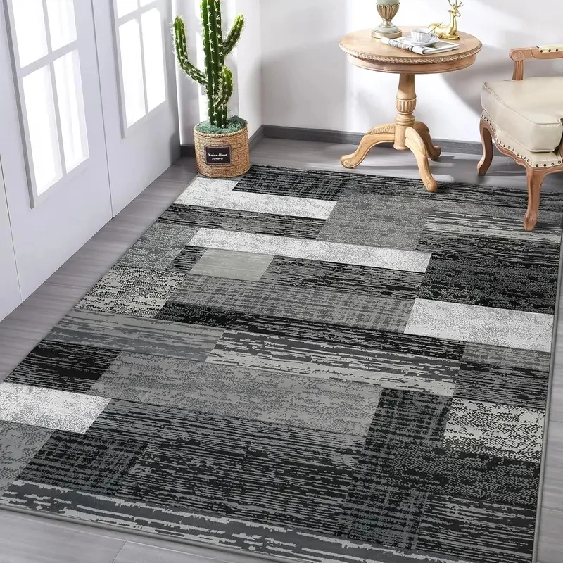 VIKAMA Modern Distressed Striped Checkered Area Rug Black Grey White Non-Slip Washable Soft Floor Carpet for Living Room Bedroom