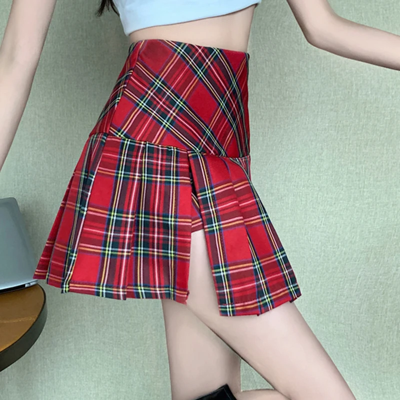 

Женская плиссированная клетчатая юбка с боковым разрезом, короткая юбка с высокой талией, красная клетчатая мини-юбка, наряд Y2K для школьницы