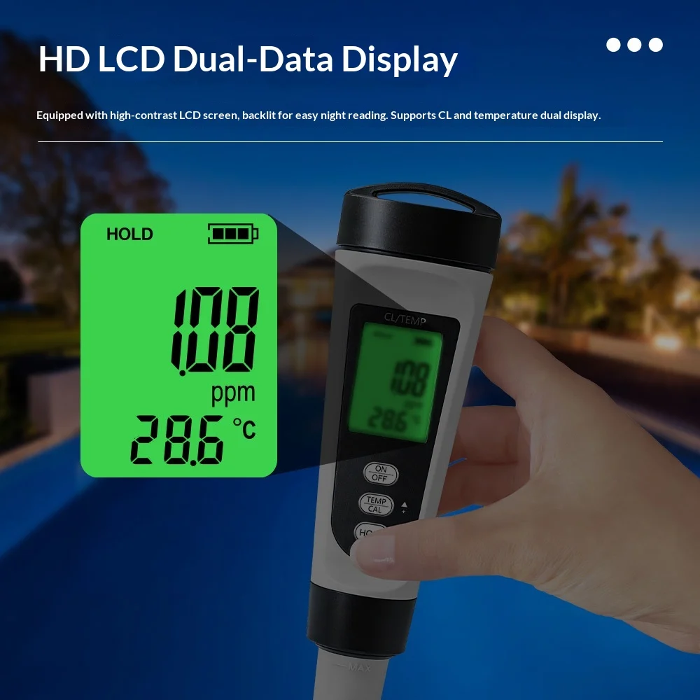 Portable Chlorine TEMP Meter Dual Scale Water Quality Tester Digital Pool Water Tester Handheld Residual Chlorine Analyzer