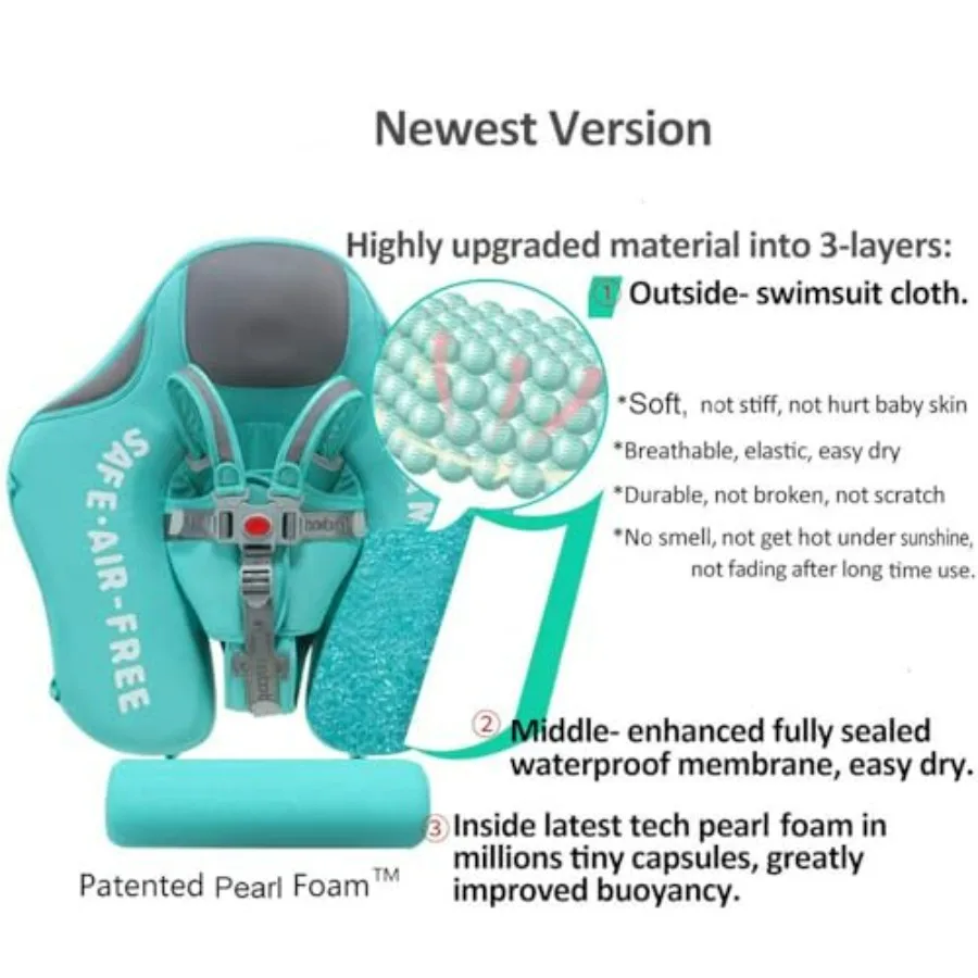 Baby pool float for outdoor water play, pearl foam material, blue color, non-inflatable upgraded design with canopy and tail fo