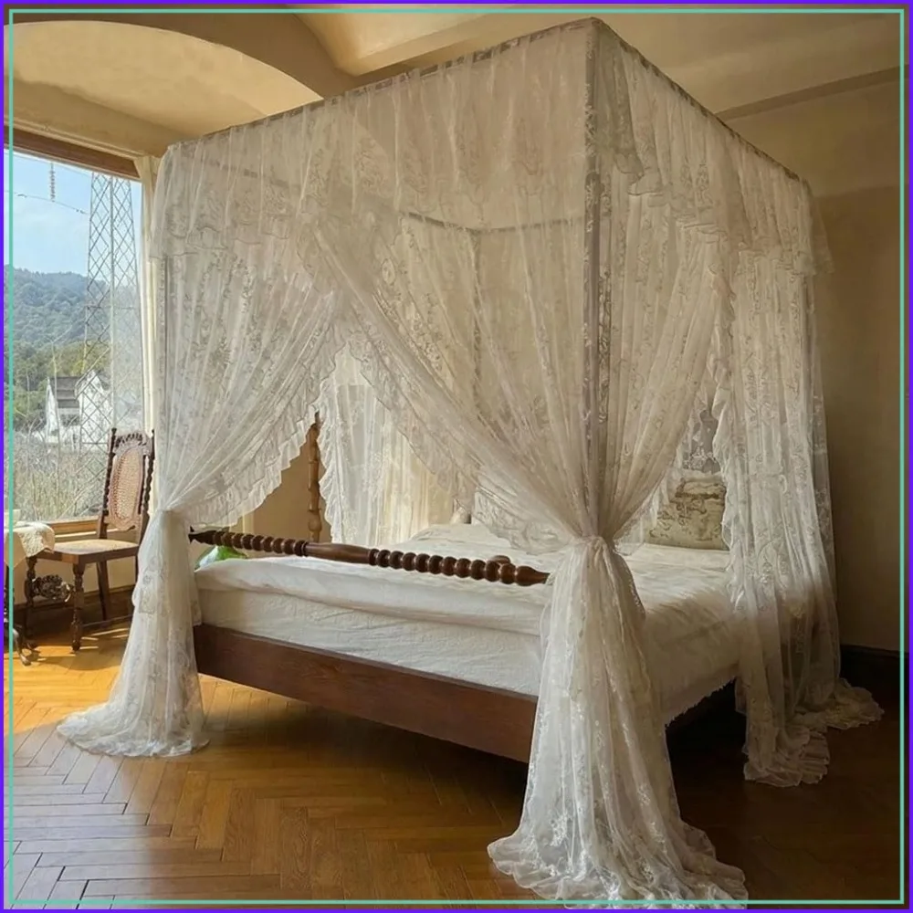 Lace Princess Canopy Mosquito Net for Girls Women Bed Curtain Wedding Room Decor (White-13)