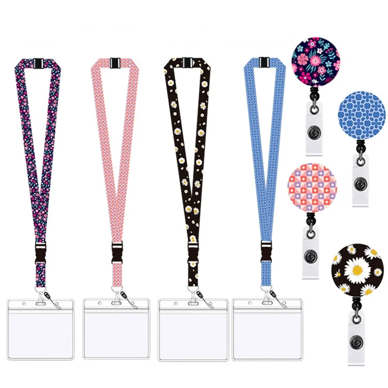 Floral Prints Badge Reel for ID Tag Name Badge Holder Pass Work Card Lanyard Easy Pull Cellphone Neck Strap Working Permit Case