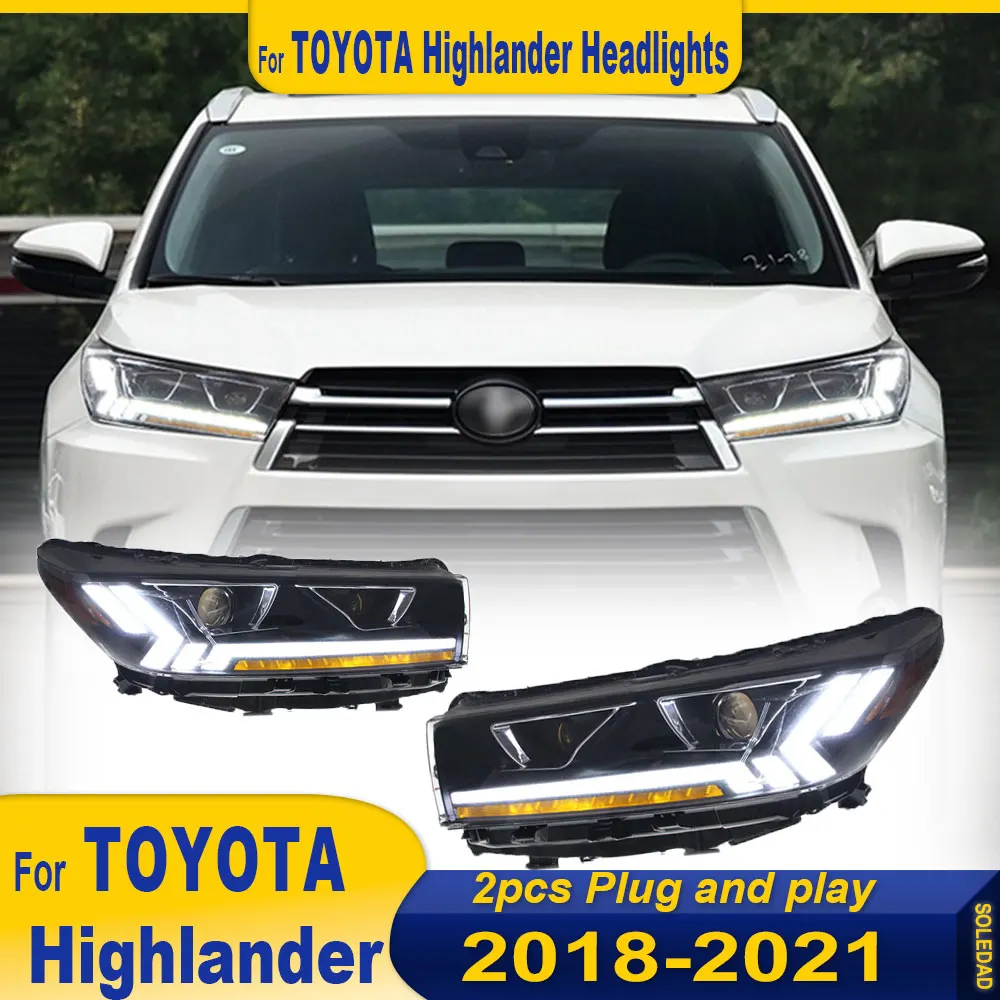 

Полностью светодиодная фара для Toyota Highlander 2018 2019 2020 2021, фара с динамическим указателем поворота, дневные ходовые огни, аксессуары