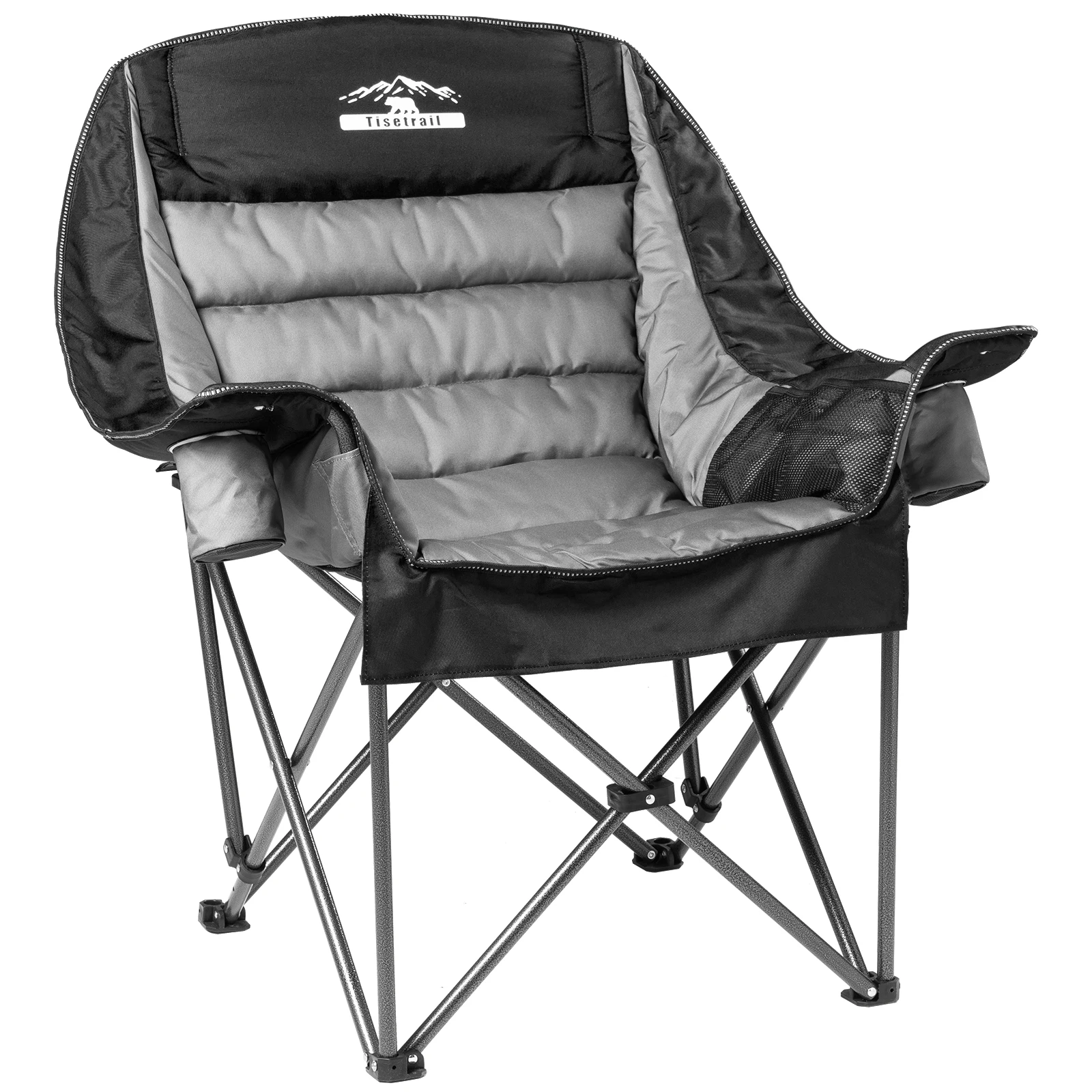 Tisetrail Oversized Padded Camping Chair Extra Large Camp Chairs For Adults With Side Pocket And Cup Holder Black & Gray