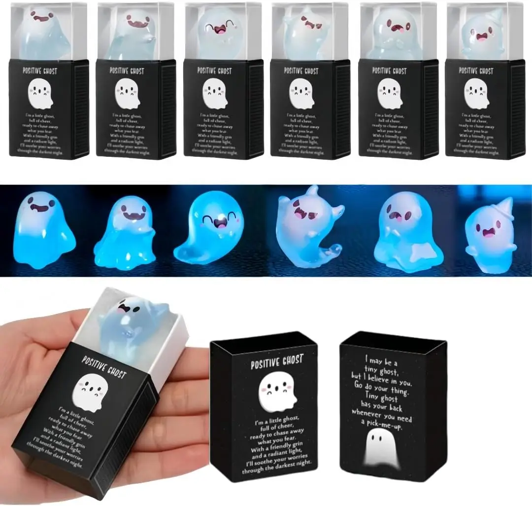 

6PCS Glow in The Dark Positive Ghosts - Halloween Party Favors, Cute Mini Ghost Resin Figurines for Crafts, Aquarium Decor & Po
